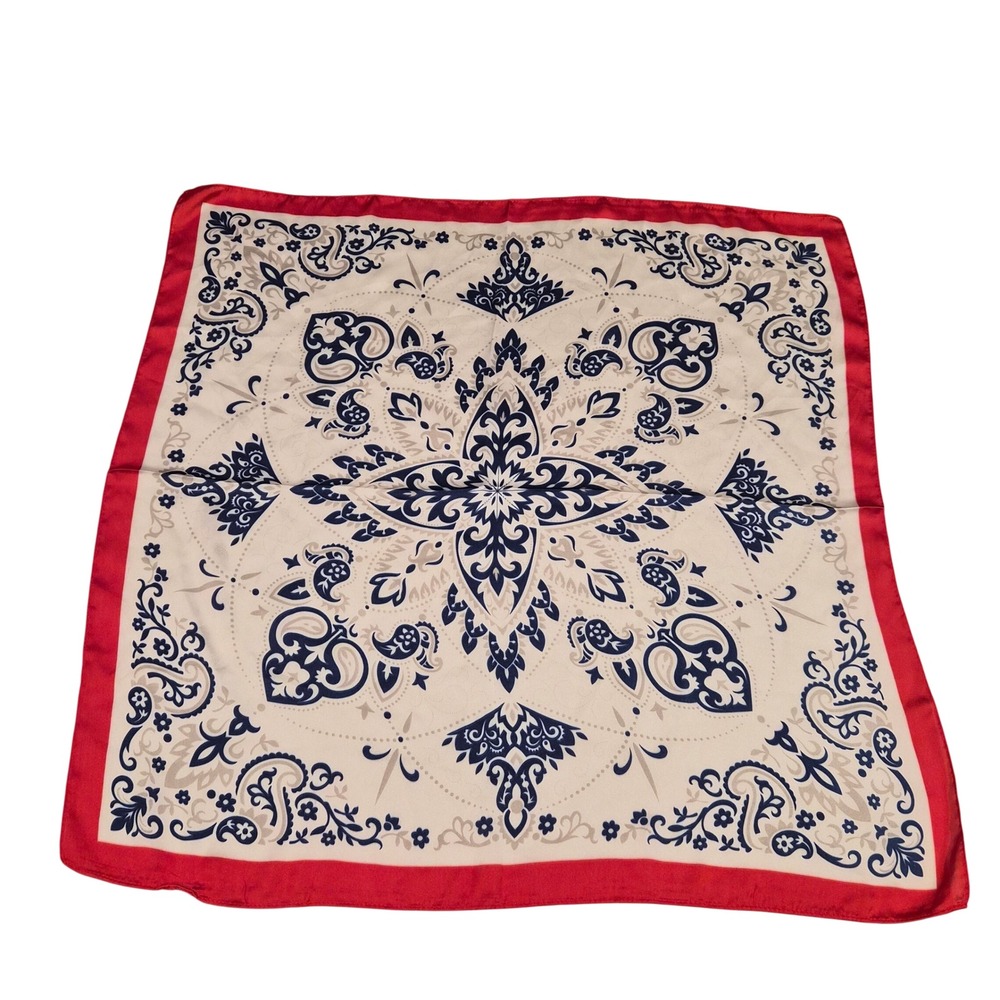 Red White Navy Blue Paisley Floral Square Scarf Satin Neckerchief Bandana